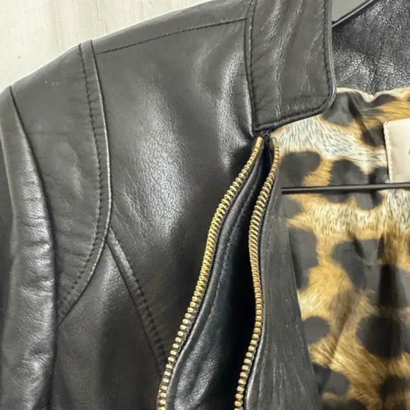 Cache Black Leather Jacket with Leopard Lining - Picture 7 of 9